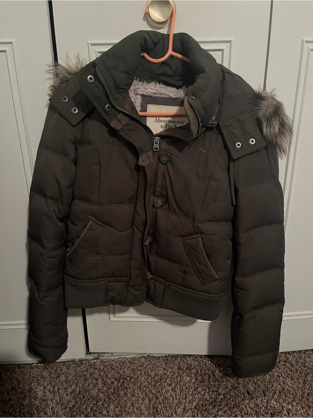 Abercrombie & Fitch Dark Olive Quilted Puffer Jacket with Faux Fur Trim